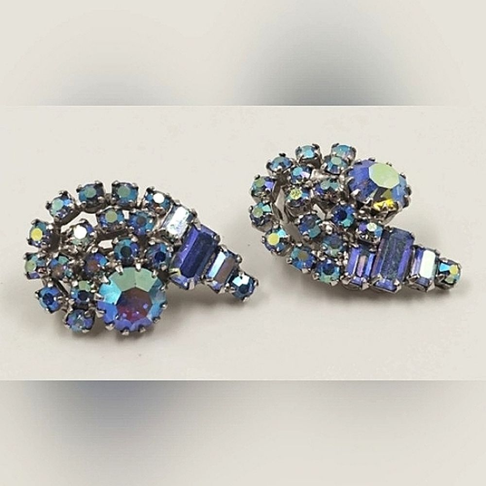 Continental Vintage Blue Borealis Rhinestone Clip On Earrings